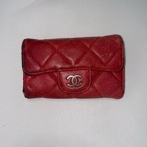 Authentic CHANEL Red Soft Quilted Leather Key Pouch with CC Logo